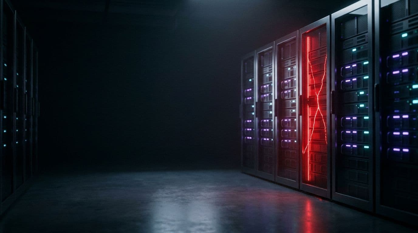 Une baie de serveurs fissurée de lumière rouge dans une allée de data center sombre, entourée de serveurs aux lueurs violettes et cyan.